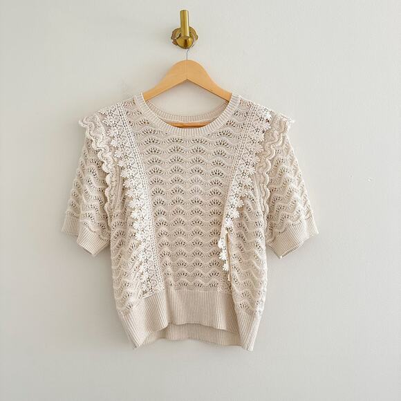 Anthropologie Kachel Shimmer Crochet Sweater Tee Cream M - Picture 4 of 11